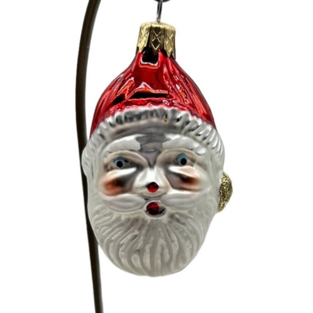 Old World Christmas Glass Blown Santa Head Red Stocking Cap‎ 2" Tall